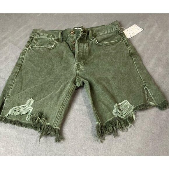 We The Free Size 25 Women's Denim Cut Off Shorts Green Button Fly 29 x 8 - Picture 6 of 6
